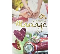 63-1143 Carte Heureux Mariage avec Dorure Or Doré Alliances Mains Mariés Voiture Rouge Bordeaux Cœurs Bouquet Fleurs Fabriqué en France