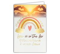 63-1152 Carte Heureux Mariage Félicitations à vous 2 Love is in the Air en Or Doré Brillant Scintillant - Enveloppe Incluse - Fabriqué en France - Arc-en-ciel Mains Cœurs Couple Coucher de Soleil