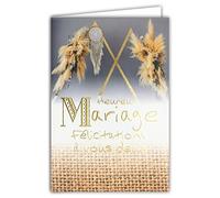 AFIE 63-1153 Carte Heureux Mariage - Félicitations à vous 2 - Or Doré Brillant Scintillant - Enveloppe Incluse - Bohême Chic Fleurs séchées Pampa Attrape-Rêves - Fabriquée en France