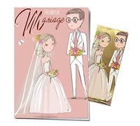 AFIE 63-1157 Carte Heureux Mariage - Marque-page - Or Doré Brillant - Illustration Couple Mariés Fleurs BOHO Bohème Chic Rose Tendre - Enveloppe Incluse - Fabriquée en France