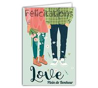 63-1159 Carte Félicitations Amour - Love Souhaiter Plein de Bonheur - Jeune Couple Hétéro, PACS, Mariage, Crémaillère, Bouquet Fleurs - Enveloppe Incluse - Fabriquée en France
