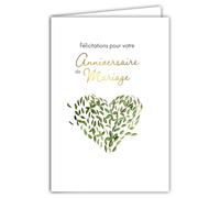 63-1167 Carte de Vœux Félicitations pour votre Anniversaire de Mariage Cœur en Feuilles d Arbre Vertes et en Or Doré Brillant sur Papier Mat Avec Enveloppe Blanche Format 12x17,5cm Fabriqué en France