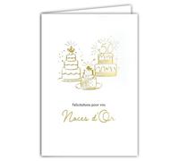 63-2003 Carte de Vœux Anniversaire 50 ans de Mariage Félicitations Noces d Or - Gâteau Doré Brillant sur Papier Mat pour écriture intérieur - Avec Enveloppe Blanche Format 12x17,5cm Fabriqué en France