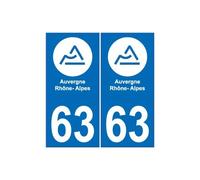 63 Puy-De-Dôme autocollant plaque immatriculation auto département sticker Auvergne-Rhône-Alpes logo 63- Angles : droits- Couleur de fond : noir