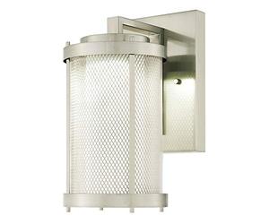 63183 Luminaire mural d'extérieur à LED à intensité variable à une lampe, finition nickel brossé avec treillis et verre dépoli clair