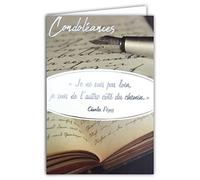 AFIE 64-1044-B Carte Sincères Condoléances avec Enveloppe Blanche - Argenté Brillant Chemin Citation Charles Péguy Stylo Plume Livre Deuil Décès - Format Fermé 11,5x17 cm - Fabriquée en France