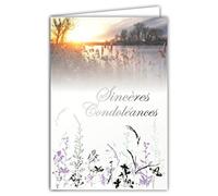 64-1060 Carte Sincères Condoléances Gris Argenté Brillant Décès Deuil Paysage Soleil Couchant Eau Lac Arbres Herbes Graminées Fabriqué en France