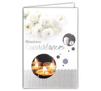 64-1062 Carte Sincères Condoléances Gris Argenté Brillant Décès Deuil Bougies Fleurs Roses Blanches Fabriqué en France