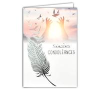 64-1064 Carte Sincères Condoléances Gris Argenté Brillant Décès Deuil Plume Envol Oiseaux Paix Mains vers le ciel soleil espérance Fabriqué en France, 64-1064