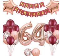 64. Ballon décoratif pour femme - Décoration d'anniversaire 64 ans - Ballon en aluminium doré rose - Bannière Happy 64 ans