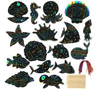 64 Feuilles Animaux Marins Carte a Gratter Enfant, Rainbow Scratch Art Painting, Bricolage Papier a Gratter Enfant pour Petits Cadeaux Invités Anniversaire, Pochette Surprise Enfant