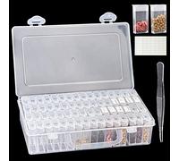 64 Grilles Boîtes de Rangement en Plastique pour Semences, Diamond Painting Accessoires Boite avec Diviseurs Unique 12 Autocollants et 1 Pincettes Pour Accessoires de Broderie Diamant Nail Art Graines
