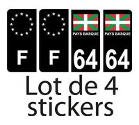 64 Pays Basque drapeau fond noir lot de 4 sticker - F europe autocollant plaque immatriculation auto - Couleur : arrondis - Angles : arrondis