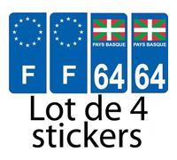 64 Pays Basque drapeau lot de 4 sticker autocollant - F europe - plaque immatriculation auto - Couleur : arrondis - Angles : arrondis