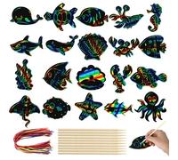 64 Pièces Animaux Marins Carte a Gratter Enfant, Rainbow Scratch Art Painting, Bricolage Papier a Gratter Enfant avec Crayon en Bambou et Ficelle, Idéal pour Anniversaires, Fêtes