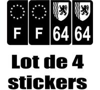 64 Pyrénées Atlantique Blason département région + F-Europe Autocollant Plaque immatriculation Auto Voiture Sticker, Couleur : Noir, Angle : Arrondi