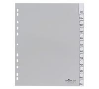 Durable 644610 Intercalaires Format A4+ 12 Touches - Onglets Soudés et Planches d'Insertions 1-12/Jan-Dec - Perforations Universelles - Polypro 120 Microns Coloris Gris