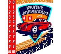 65-1255 Carte Heureux Anniversaire Tirettes âges de 1 à 110 ans - Texte Or Doré Brillant - Voiture de course sportive ancienne rouge Vintage Mécanique