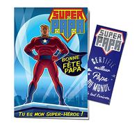 AFIE 65-1326 Carte avec Marque-Page Argenté Brillant Super Papa Certifié Meilleur Papa du Monde et de tout l'univers Super-Héros Pères Juin - Enveloppe Incluse - Fabriqué en France