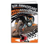 65-1343 Carte Bon Anniversaire - Moto Cross Sport Extrême Pilote Vitesse Circuit Tout-terrain 2 Roues Compétition Casque Masque - Enveloppe Incluse - Orange/Noire - Fabriquée en France