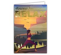 65-1405 Carte Anniversaire Femme Fille Sportive Relax en Or Doré Brillant Détente Méditation No Stress Zen Cool Yoga Gym Pilates étirements Paysage Forêt avec Enveloppe Blanche Format 17,5x12cm AFIE