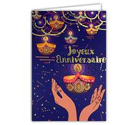 65-1406 Carte Joyeux Anniversaire pour Femme Fille Mains Bougies Flottantes en Or Doré Brillant Lumière Lampe a huile Dip indienne Religion Hindoue Divali avec Enveloppe Blanche Format 17,5x12cm AFIE