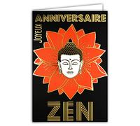 65-1408 Carte Joyeux Anniversaire Zen Fleur de Lotus Orange Bouddha en Or Doré Brillant Détente Relaxation Bien-être Méditation Philosophie Décoration avec Enveloppe Blanche Format 17,5x12cm AFIE