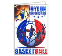 65-1424 Carte Joyeux ANNIVERSAIRE BASKETBALL en Bleu Brillant avec Enveloppe 12x17,5cm Pour sportif sportive basketteur basketteuse champion panier parquet supporter équipe - Fabriqué en France