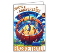 AFIE 65-1425 Carte Joyeux ANNIVERSAIRE BASKETBALL Orange Cuivré Brillant avec Enveloppe 12x17,5cm Pour sportif sportive basketteur basketteuse champion panier parquet terrain supporter équipe