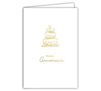 65-1437 Carte de Vœux Heureux Anniversaire Gâteau Illustration Fine et Délicate en Or Doré Brillant - Papier Mat pour écriture intérieur - Avec Enveloppe Blanche Format 12x17,5cm - Fabriqué en France