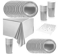 65 pièces Vaisselle Jetable Argenté,Foil Comprend Assiettes Carton Jetable Tasses Serviettesr en Papier et Nappe,Kit Decoration Anniversaire Fêtes Pique-niques Mariage Noël,Biodégradables,Recyclable