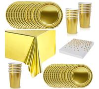 65 pièces Vaisselle Jetable Or,Foil Comprend Assiettes Carton Jetable Tasses Serviettesr en Papier et Nappe,Kit Decoration Anniversaire Fêtes Pique-niques Mariage Noël,Biodégradables,Recyclable