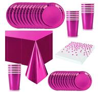 65 pièces Vaisselle Jetable Rose Vif,Foil Comprend Assiettes Carton Jetable Tasses Serviettesr en Papier et Nappe,Kit Decoration Anniversaire Fêtes Pique-niques Mariage Noël,Biodégradables,Recyclable
