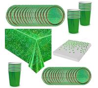 65 pièces Vaisselle Jetable Vert,Foil Comprend Assiettes Carton Jetable Tasses Serviettesr en Papier et Nappe,Kit Decoration Anniversaire Fêtes Pique-niques Mariage Noël,Biodégradables,Recyclable