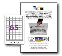 650 ex Etiquette adhésive en polyester transparent mat laser 38.1 x 21.2 mm (65 étiquettes par planche) soit 10 feuilles pour imprimante laser autocollant pour tout support lisse (plastique, verre, métal) résistante à l'humidité et la chaleur. Idéal pour autocollants, Stickers, vignnattes, et pour l’étiquetage des surfaces et emballages d'aspect mat ou l'étiquette doit rester invisible (flacons, bidons, boites, produits) ref UGEPE-M8