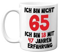 65e anniversaire cadeaux - « Je ne suis pas 65, je suis 18 avec 47 ans d'expérience » Tasse d'anniversaire humoristique pour hommes et femmes, 325 ml, tasse en céramique de qualité supérieure, passe