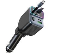 65W+18W 4 en 1 Rapide Chargeur Allume Cigare USB C Rétractable | Chargeur voiture 12V/24V avec câble Type-C rétractable, ports USB-C/USB-A, design 90° pliable, compatible iPhone/Android