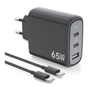 65W Chargeur USB C Rapide avec PD & QC3.0 GaN Technologie, 3-Ports USB Chargeur Prise avec Câble Type C 2M pour iPhone 16 Pro/15 Plus, pour Galaxy S24/23/S22, pour MacBook Pro/Air, etc - Noir
