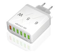 65W Chargeur USB Multiple 6Ports Rapide Multi Secteur Technologie QC 3.0 Smart Prise USB Multiple Fast Charger Universel Adaptateur Compatible avec iPhone 16 15 14 13 12 11 Pro Max Samsung Tablettes
