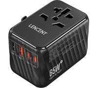 65W GaN III Power Plug Adapter with 2 PD3.0 USB C+2 QC USB A Universal Travel Plug Phone PC Fast Charge International to UK USA AUS Canada Italy China Japan Thailand Black