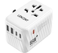 65W GaN3 Power Plug Adapter with 2 USB and 3 Type C PD Adapter Travel Universal Fast Charge International to UK USA Australia Canada Italy China Japan Thailand White