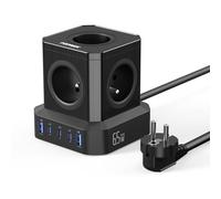 65W PD3.0 Multiprise USB Cube, TOPREK 10 en 1 Cube Rallonge Multiprise 2M Câble avec 5 Prises AC Française(4000W/16A), 65W 5 Ports USB Charge Rapide GaN Tech Électrique avec Interrupteur