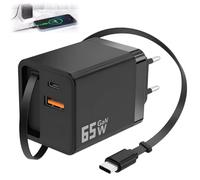 65W USB C Fast Charger with 70cm Built-in Retractable Cable, Portable GaN 65W USB-C Charger 3 Ports Retractable Charger GaN for iPhone 17/16/15/14/13 Pro Max MacBook Pro iPad Galaxy S24 Switch Laptop