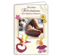 66-1030-A Carte Sincères Félicitations aux Heureux Parents Naissance ou Adoption Fille Bienvenue à Bébé + Enveloppe 12x17,5cm - Collage Bouton Rose en Forme d'étoile - Tétine Peluche Doudou Lapin