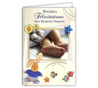 66-1030-B Carte Sincères Félicitations aux Heureux Parents Naissance ou Adoption Garçon Bienvenue à Bébé + Enveloppe 12x17,5cm - Collage Bouton Bleu en Forme d'étoile - Peluche Doudou Lapin Poissons