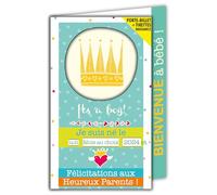 66-1031-A Carte Porte-Billet Félicitations Naissance Bébé Garçon Petit Prince Tirettes Jour Mois Année de Naissance 2023 2024 2025 2026 2027 Enveloppe Bleue 12x17,5cm It's a boy Couronne Bienvenue