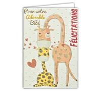 66-1158 Carte avec Paillettes Félicitations aux Parents Heureux - Bienvenu Bébé - Petite Fille - Maman Girafe Animaux Cœurs Roses Mignon - Fabriquée en France