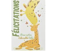 66-1159 Carte avec Paillettes Félicitations aux Parents - Bienvenue Bébé Garçon - Fille Papa - Maman Girafe Animaux Cœurs Mignon - Fabriquée en France
