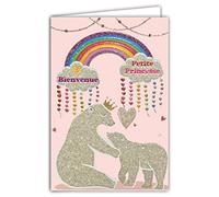 AFIE 66-1161 Carte avec Paillettes Bienvenue Petite Princesse Bébé Fille - Rose Naissance ou Adoption Ours Blancs Polaires Animaux Cœurs Nuages Arc-en-ciel Couronne Mignon - Fabriquée en France