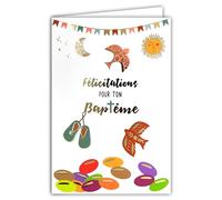 66-3002 Carte Félicitations pour ton BAPTÊME en Or Doré Brillant avec Enveloppe 12x17,5cm Chaussons Bébé Garçon Fille Dragées Oiseaux Colombe Paix Création Édition Impression Fabrication Française
